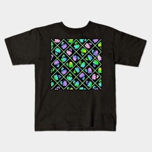 Window Pane Diagonal Floral Green Line on Black Kids T-Shirt
